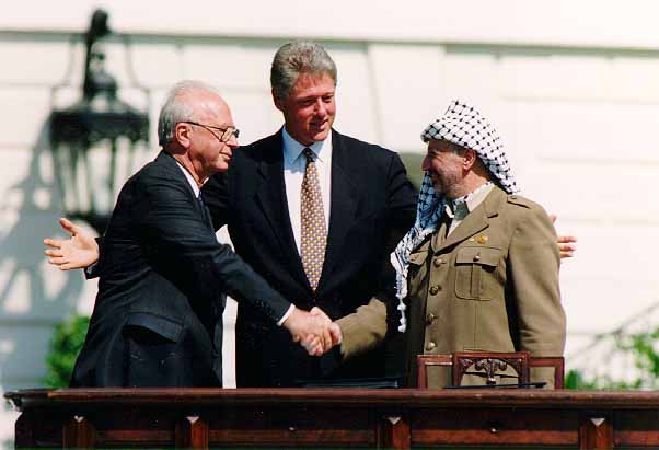 Rabin, Clinton, Arafat at signing ceremony of the Oslo peace accord